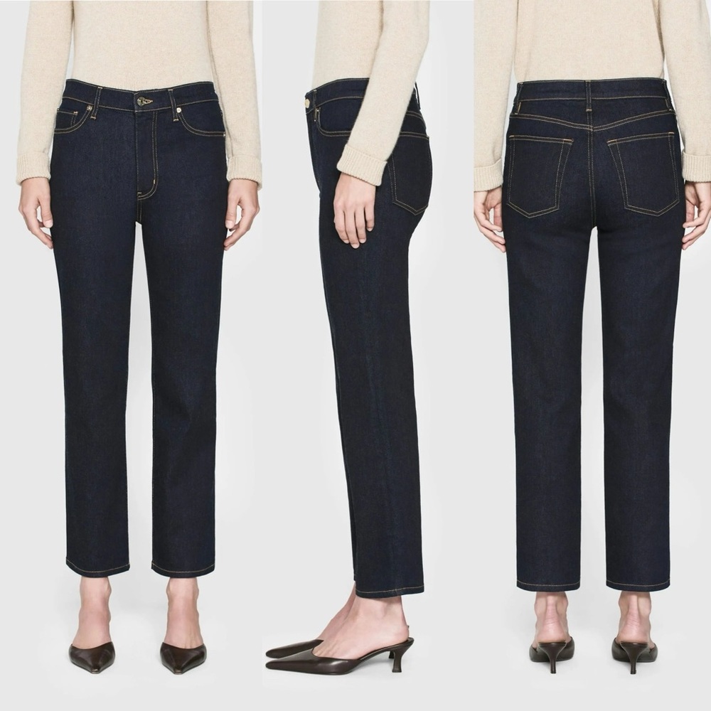 Frame Denim Women's Straight Leg Jeans in Dark Indigo with Contrast Stitching